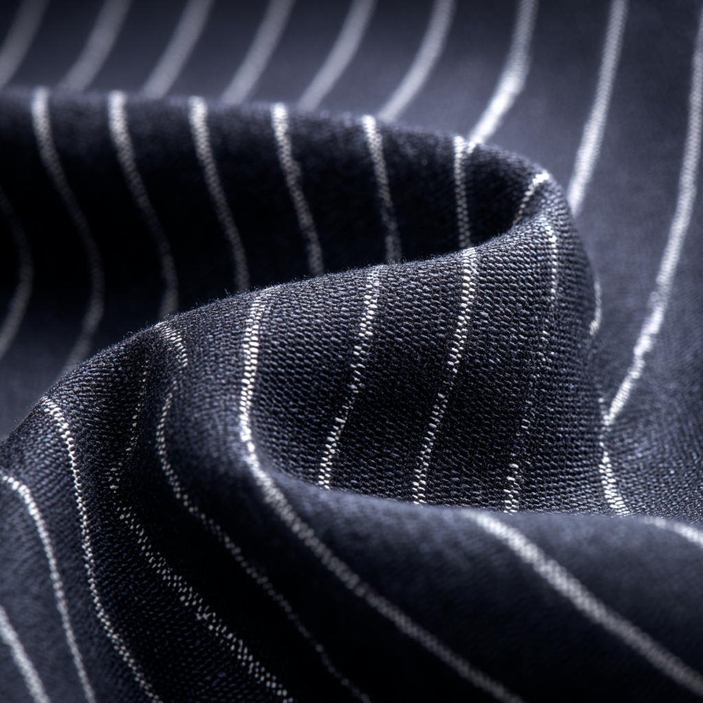 Navy Pinstripe Super 120s wool fabric swatch