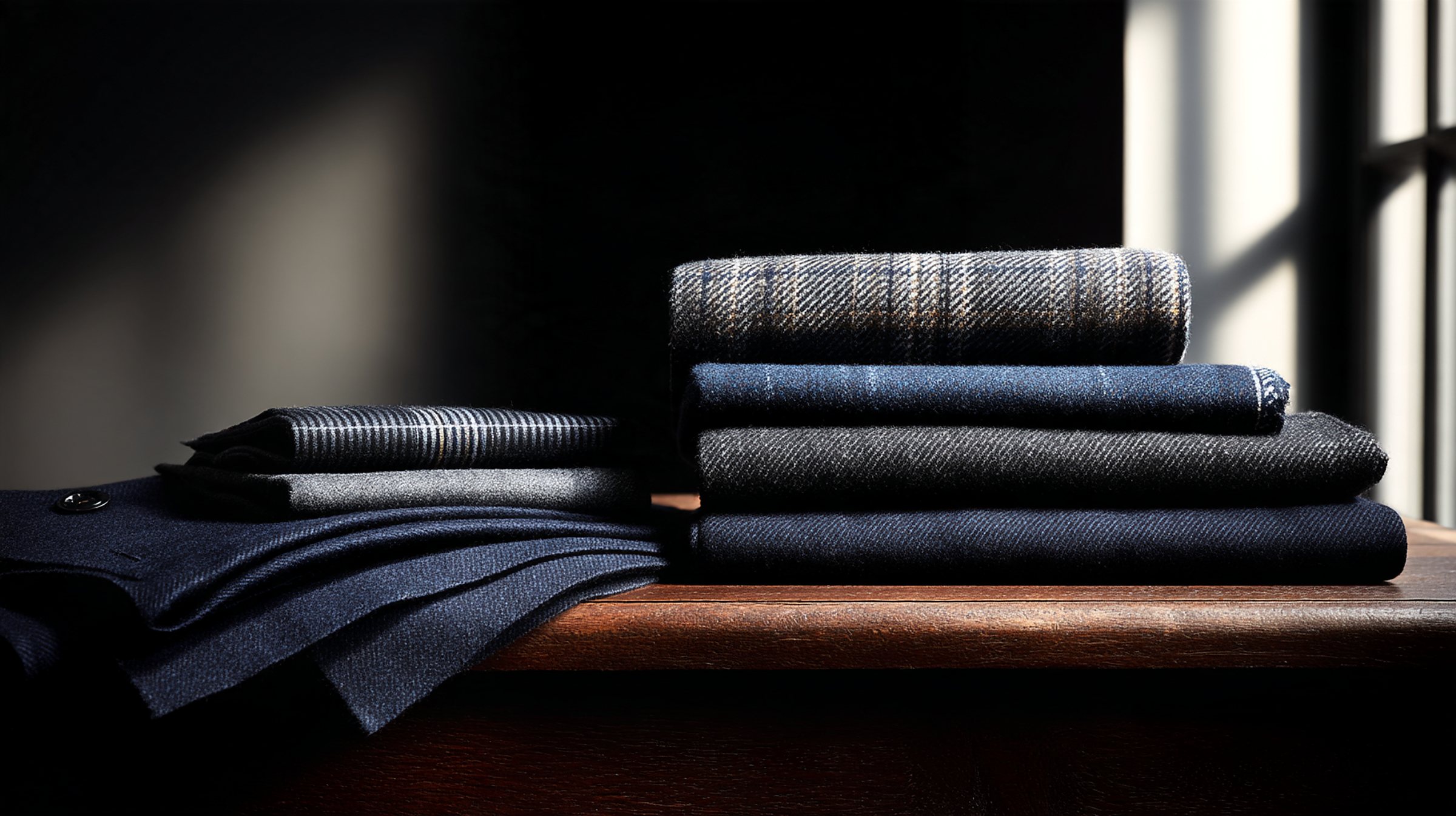 Folded lengths of navy, charcoal and grey suiting cloth