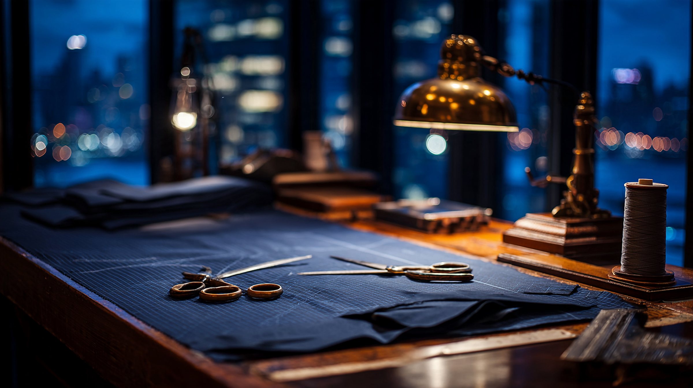 A tailor's cutting table with shears and navy cloth, Hong Kong harbour lights beyond