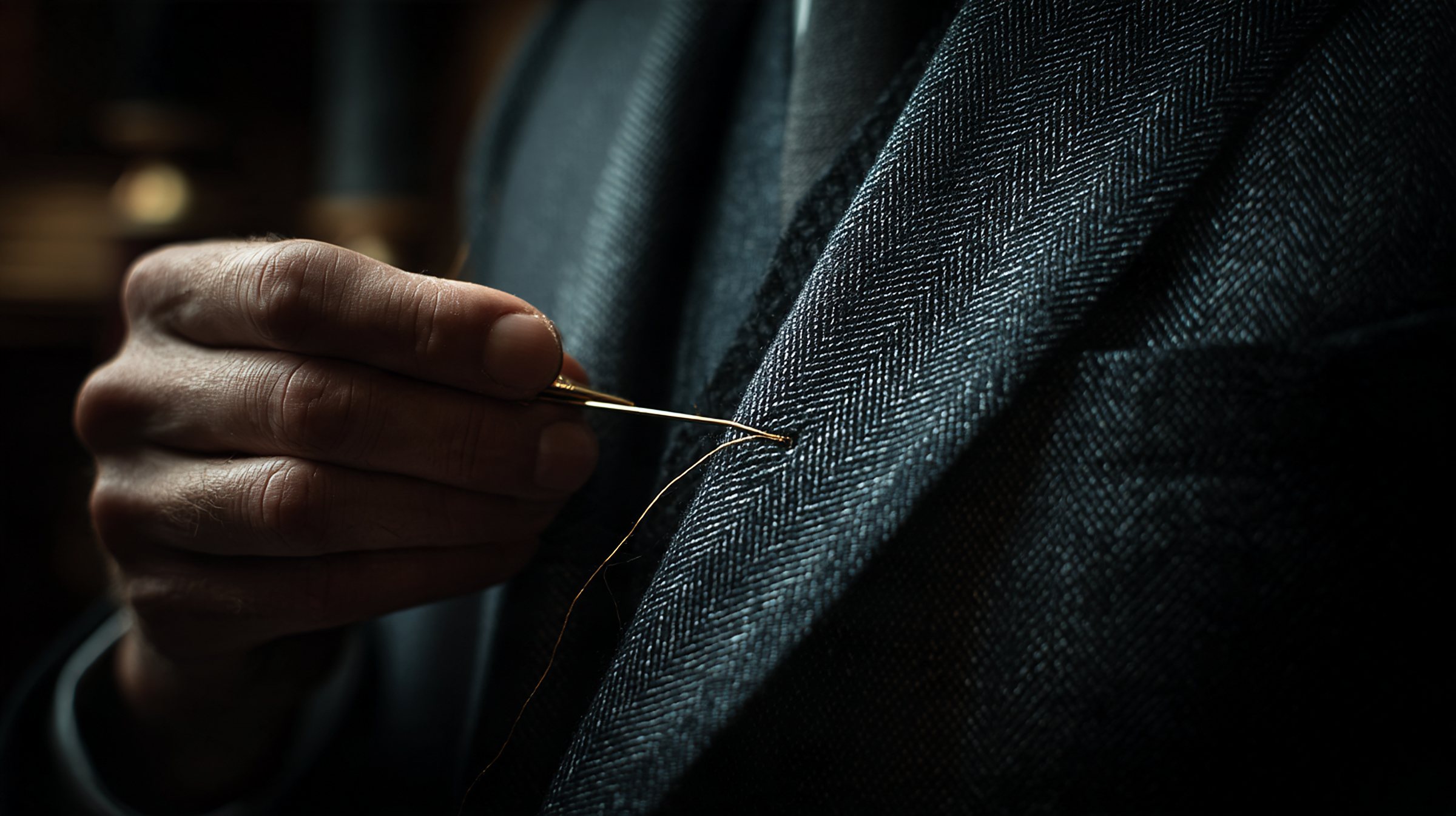 A tailor's hand stitching the lapel of a herringbone jacket